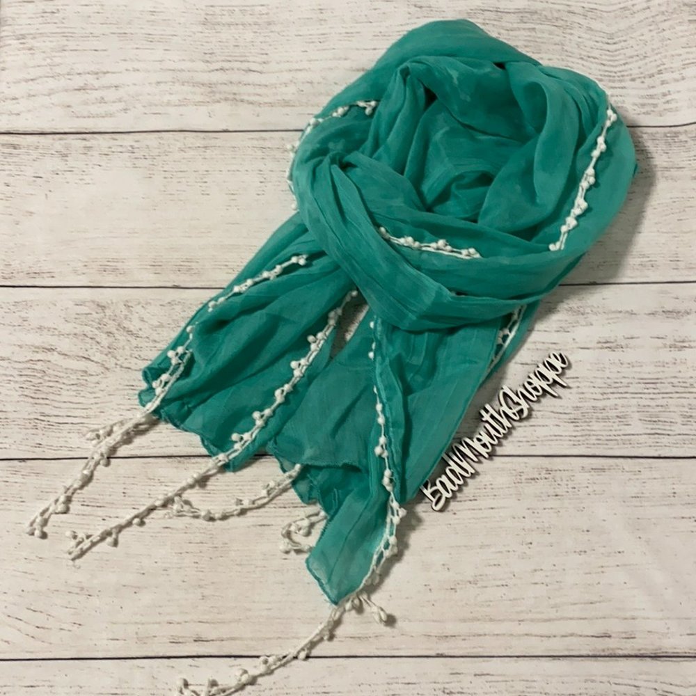 Aqua Teal Blue Lightweight Summer Scarf with Pom Lace Fringe